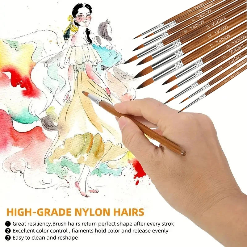 12Pcs Artist Paint Brush Set - Versatile Pointed & Round Tips for Watercolor, Acrylics, Ink, Gouache, Oil, Tempera