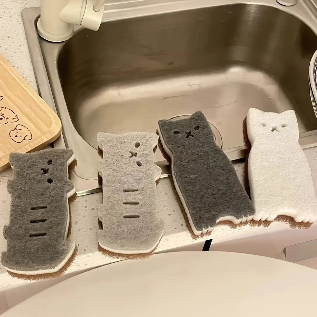 4-piece Cute Cat Kitchen Sponge Set - Thick and Durable Dishwashing and Cleaning Tools