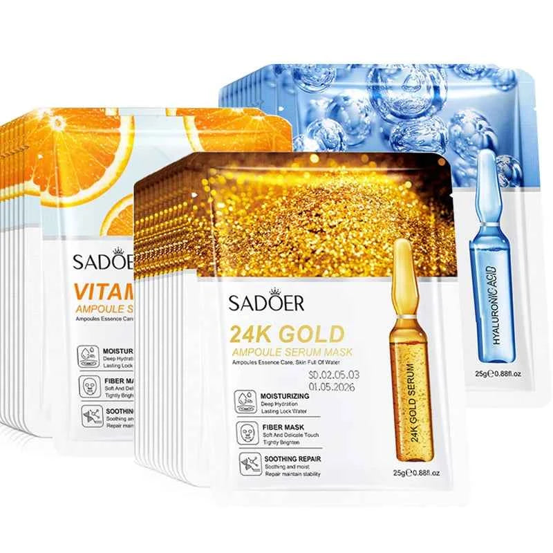 10pcs SADOER 24K Gold Vitamin C Hyaluronic Acid Face Mask Facial Moisturizing Firming Hydrating Facial Masks Skin Care Products