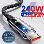 240W Nylon USB Type C Super Fast Charging Cable For Samsung Xiaomi Huawei Honor LED Digital Display USB C Charger Data Cord