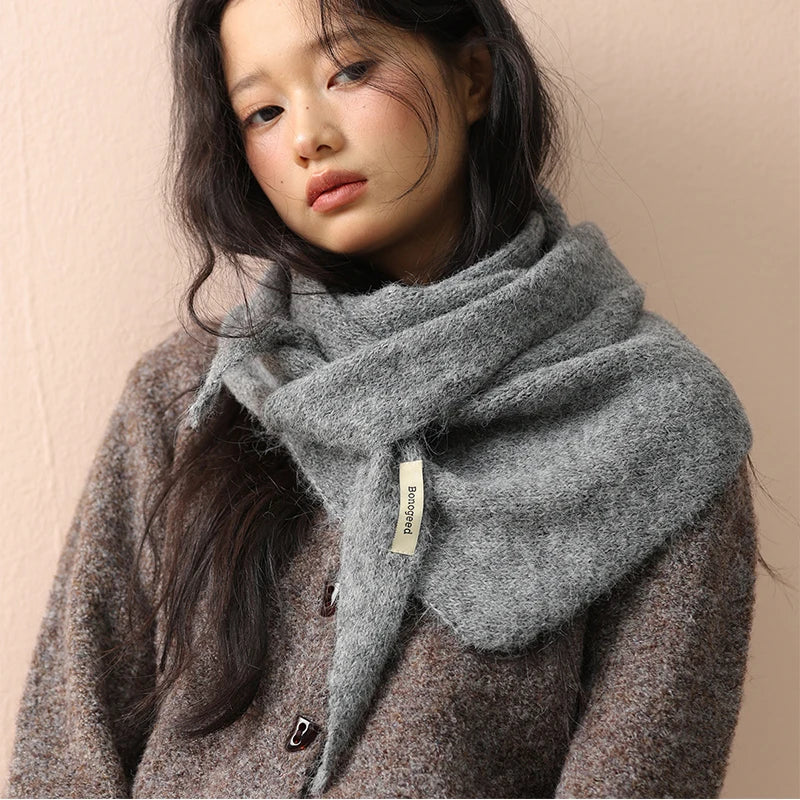 Big Size Wool Korean Style Knitted Triangular Scarf Women Winter Warm Headscarf Shawl Sold Color Neckerchief Kerchief Hijab