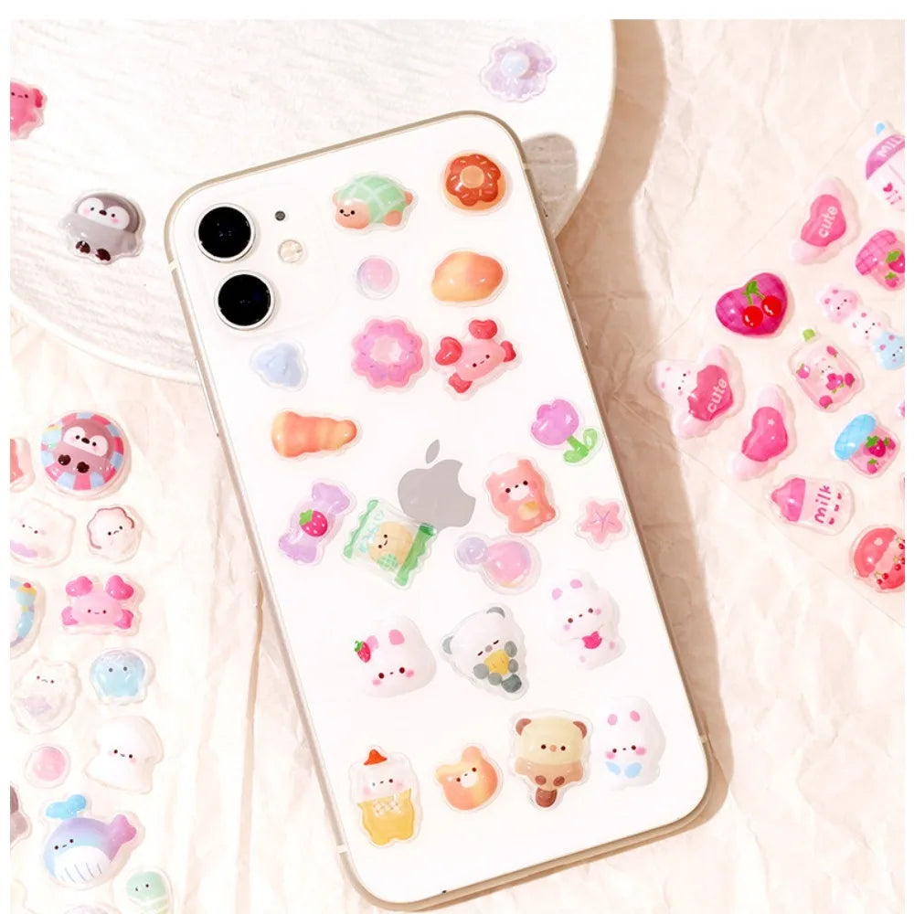 300Pcs/50pc Kawaii Cartoon 3D Relief Sticker Cute Crystal Jelly Patch for Mobile Phone Case Mirror Scrapbook Journal Animal Deco