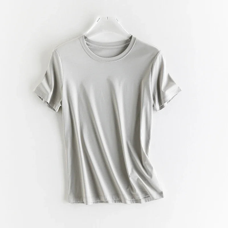 High-end New 10% Silk & Mercerized Cotton Women T-shirt Luxury Tee Short Sleeve Silky Feeling Summer Wear 2025 Tops V / O-neck