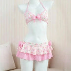 Women Y2k Sweet Bikini Set Japanese Kawaii Print Ruffles Lolita Swimsuit Crop Top + Skirt Two Piece Swimwear Beach Wear