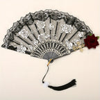 1pc/2pcs Vintage Spanish Flamenco Rose Lace Handheld Fan Elegant Black Folding Fan for Parties And Weddings