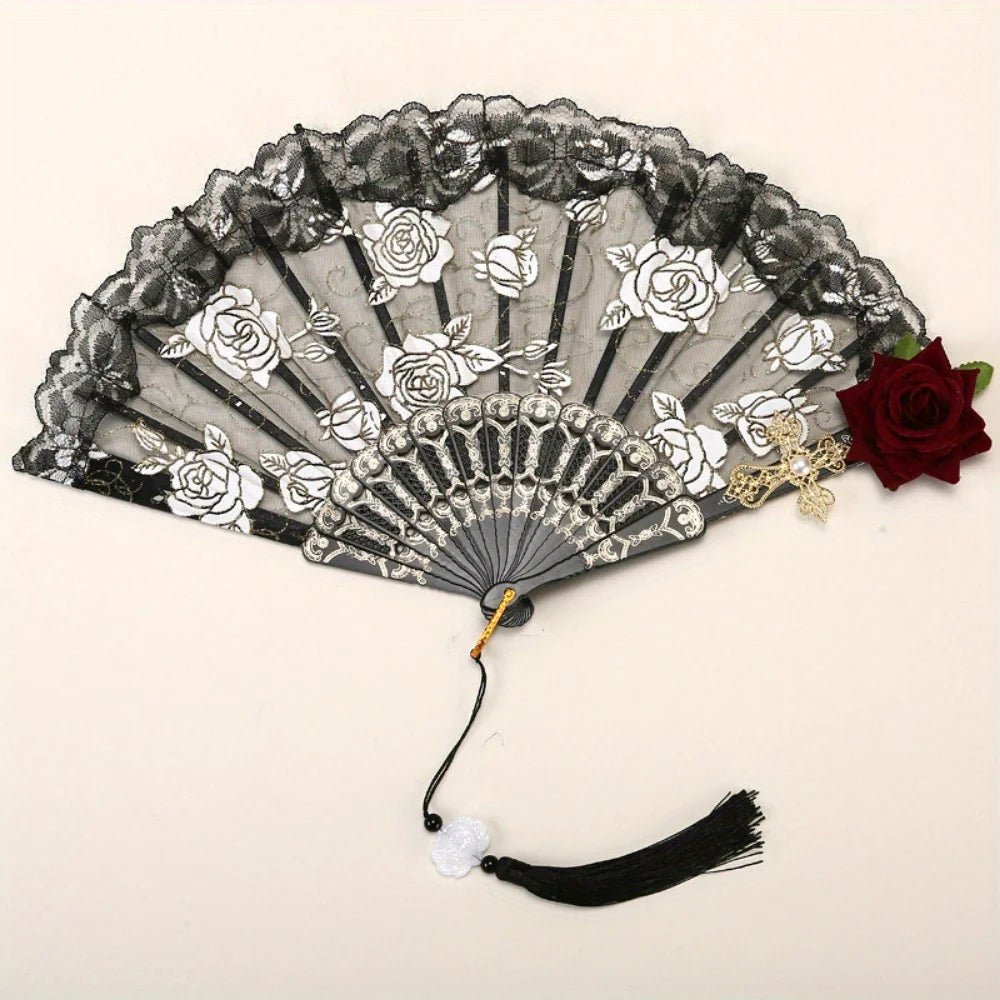 1pc/2pcs Vintage Spanish Flamenco Rose Lace Handheld Fan Elegant Black Folding Fan for Parties And Weddings