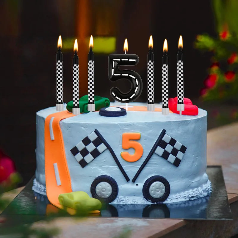 7Pcs/set Racing Cars Birthday Number Candles Black White Checkered Themed Cake Topper Kids Boys Birthday Party Decoration Favors