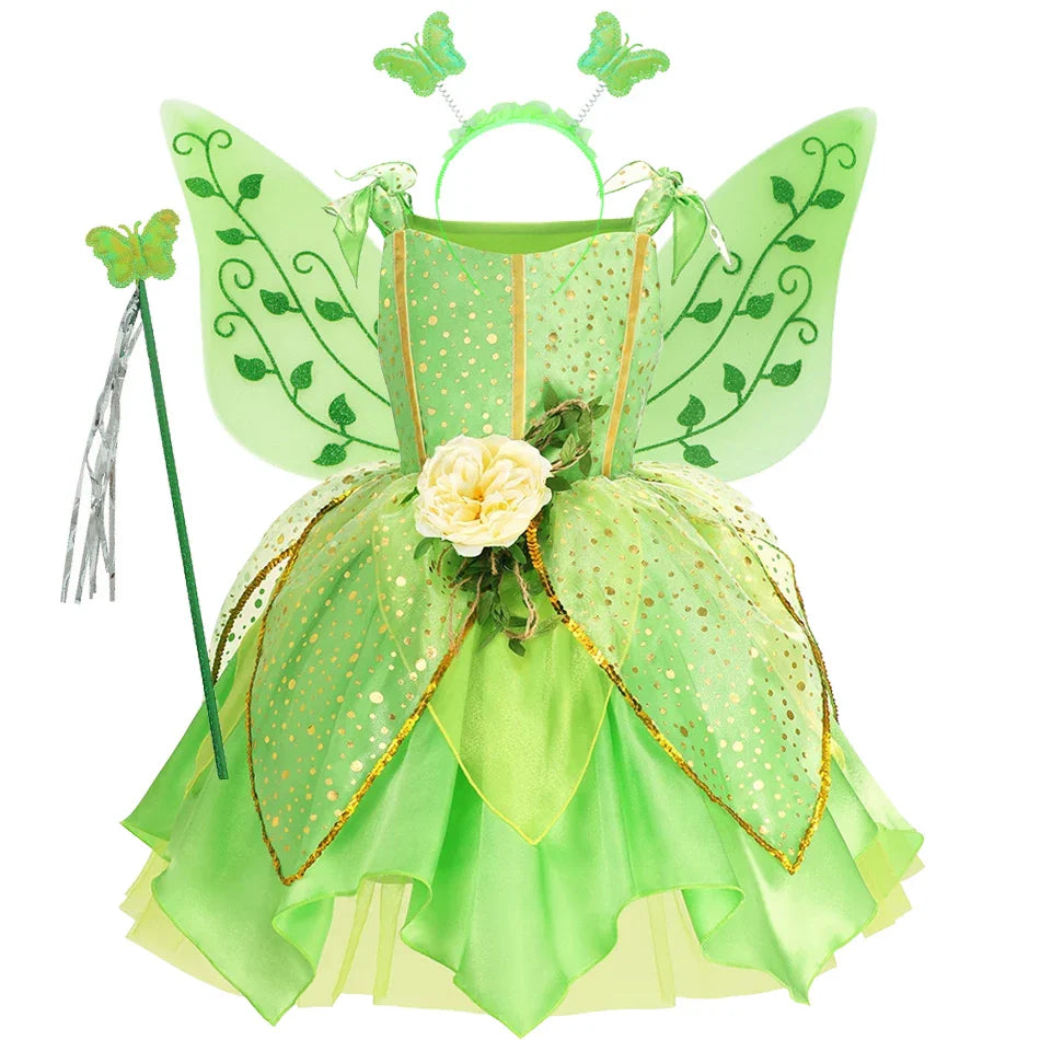 Girls Tinkerbell Fairy Costume – Green Princess Dress Outfit