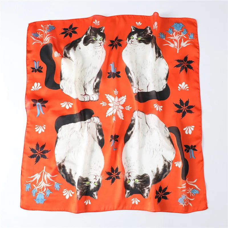 2025 Silk Shawl Print Headscarf Cat Hair Wrap Neckerchief Female Satin Square Scarf For Women Headband Foulard Hijab Bandana