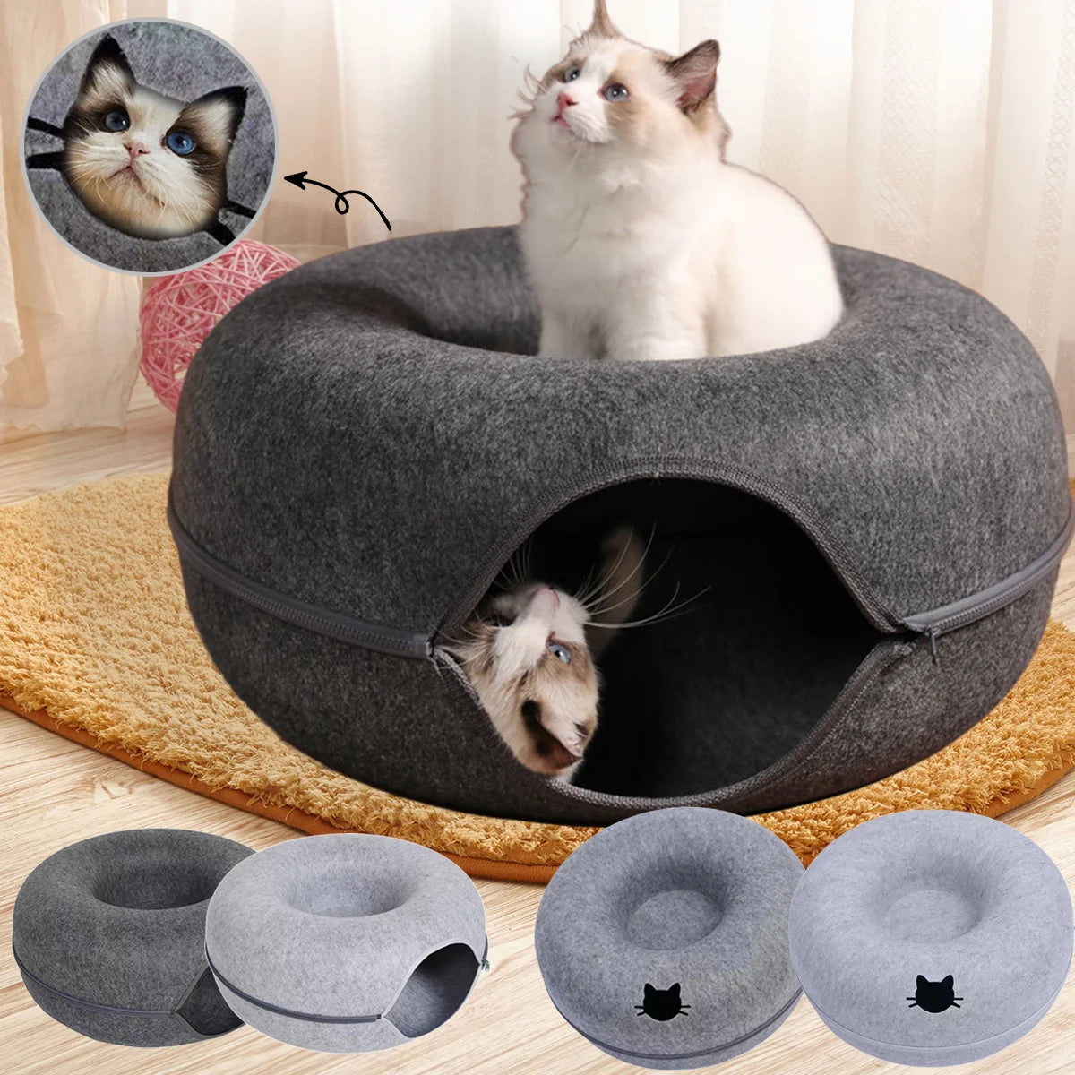 Felt Donut Bed for Cats House With Breather Hole Dog Bed Interactive Play Toys for Cats to Hide 2 in 1 Tunnel for Cats Bed - WTN Essentials 