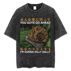 Creepy Cute Animal Graphic T-Shirts Vintage Washed Black Tees Funny Horror & Relatable Quotes Perfect for Anime Fans Streetwear