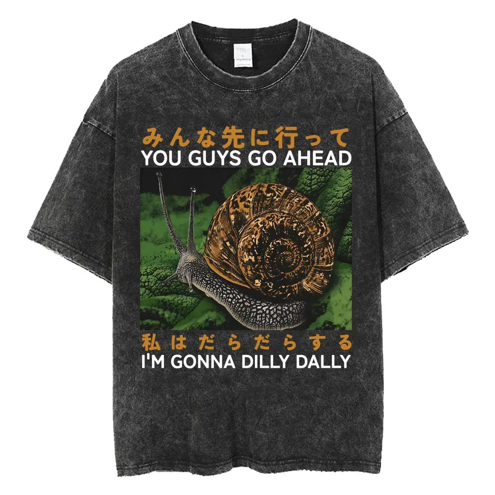 Creepy Cute Animal Graphic T-Shirts Vintage Washed Black Tees Funny Horror & Relatable Quotes Perfect for Anime Fans Streetwear