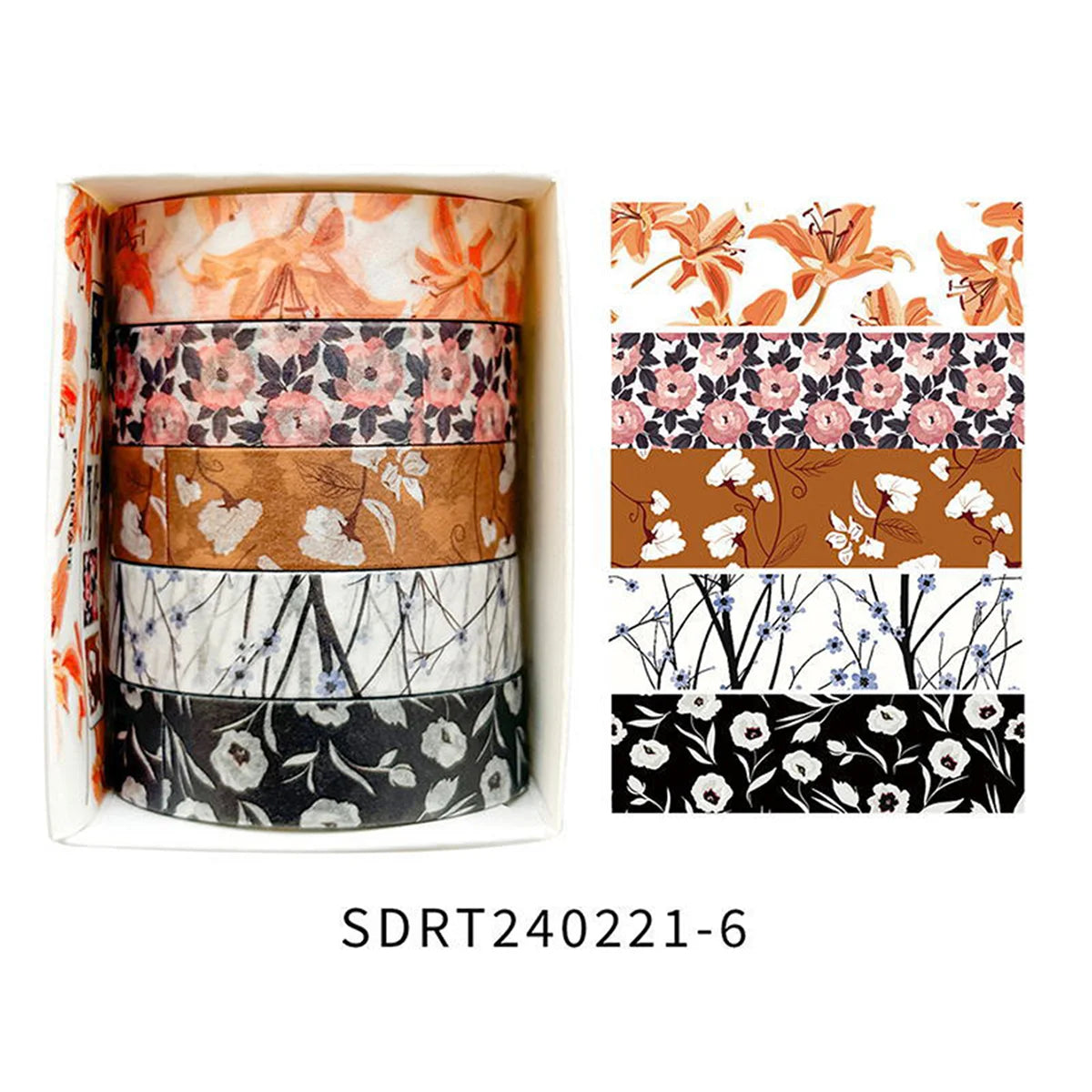 5 Rolls of Boxed Romantic Flower Handbook Tape, Cute DIY Fresh Decorative Washi Tape for Students, a Must-Have Gift for Students