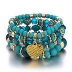 4Pcs Bohemia Acrylic Beaded Bracelet Set For Women Solid Heart Charm Elastic Chain Bangle Men Retro Daily Wear Jewelry Gift