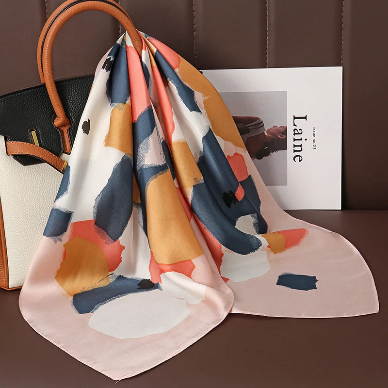 2025 Silk Shawl Print Headscarf Cat Hair Wrap Neckerchief Female Satin Square Scarf For Women Headband Foulard Hijab Bandana