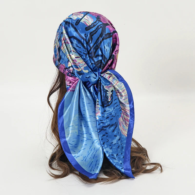 Satin Square Scarf Women Muslim Hijab Elegant 2025 Print Silk Neckerchief Shawl Wraps Headband Handle Hair Accessories Bandana