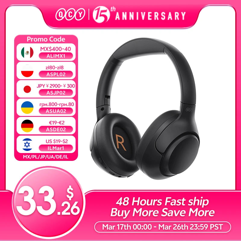 QCY H3 ANC Wireless Headphones Bluetooth 5.4 Hi-Res Audio Over Ear Headset 43dB Hybrid Active Noise Cancellation Earphones 60H