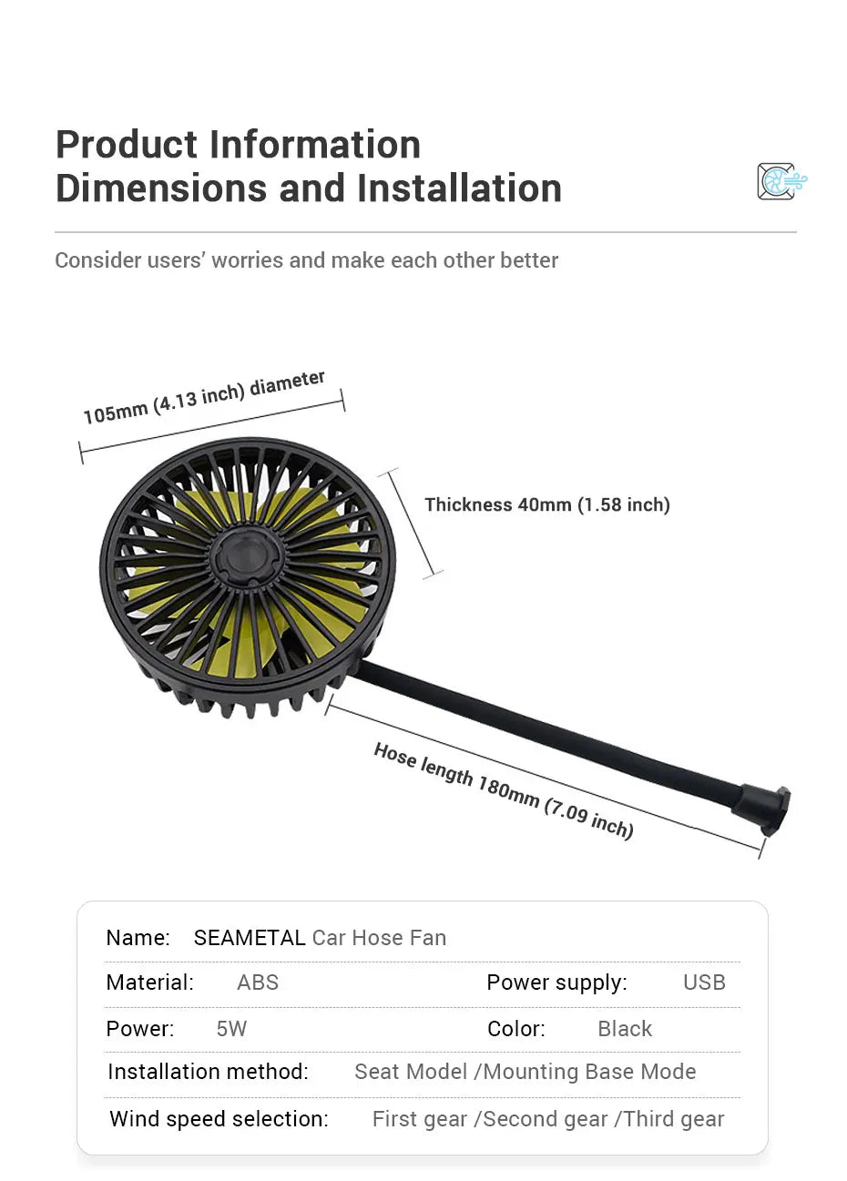 SEAMETAL Car Electric Fan Strong Wind 3-Speed Cooling Fan for Rear Seat Passenger Portable 360 Degree Rotatable Car Air Fan