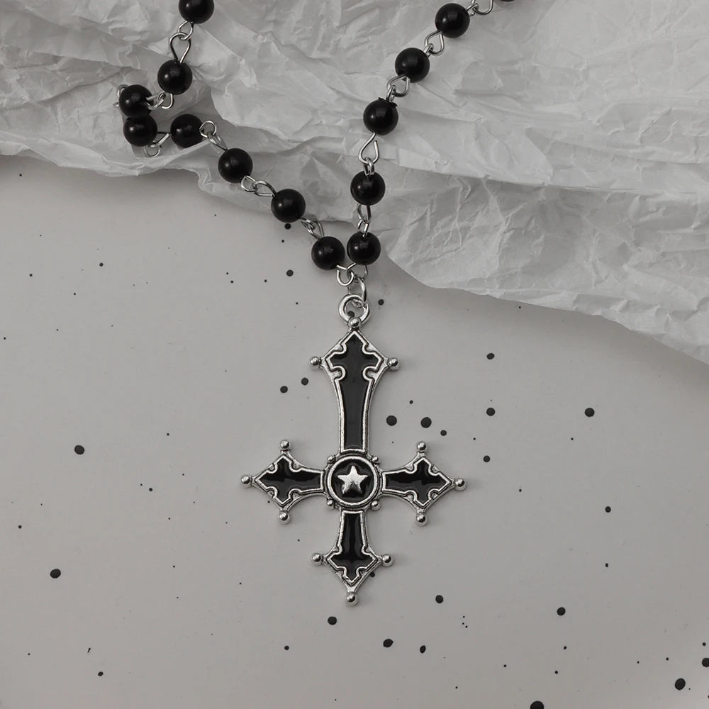 Gothic Bat Cross Dark Pendant Necklace Set, Y2K Personalized Thorn Love Black Bead Stacked Necklace Set, Suitable as Halloween G