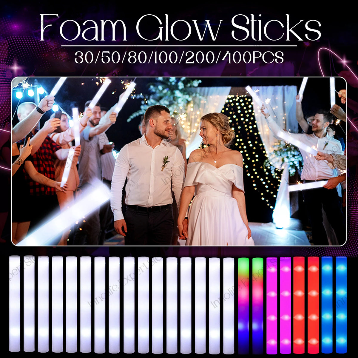 120-30PCS LED Foam Glow Sticks Glow Party Supply with 3 Modes Glow Stick for Wedding for Birthday Concert Halloween Christmas