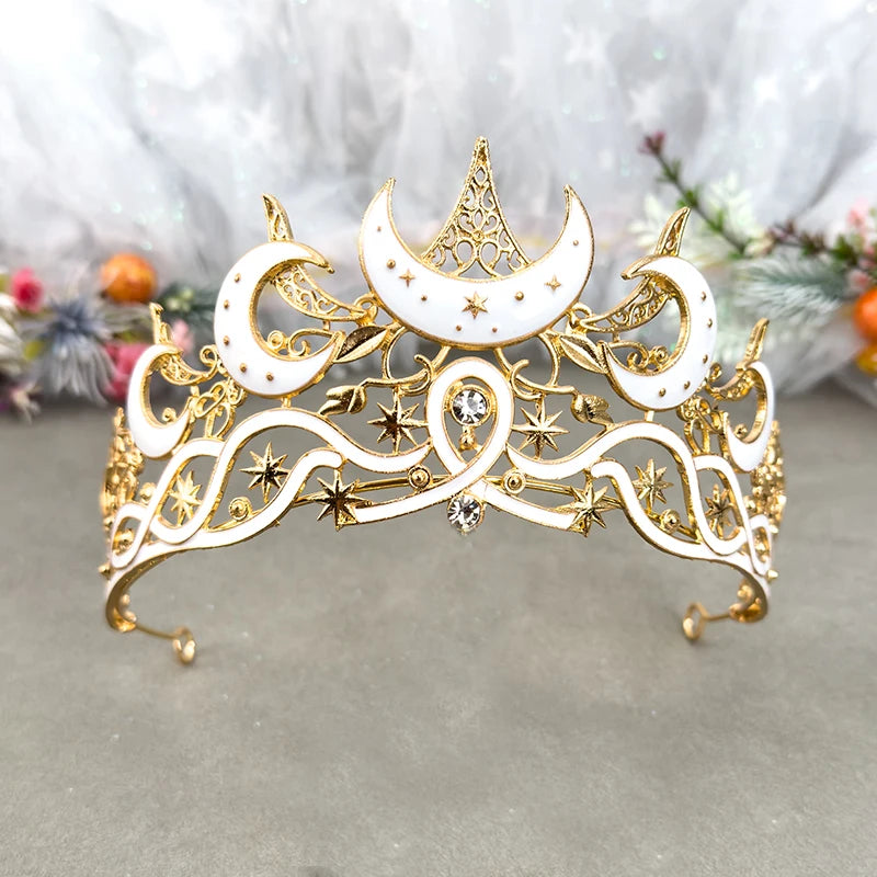 Gothic Black Moon Tiara Dark Queen Crown for Women Baroque Celestial Star Headpiece Vintage Cosplay Halloween Wedding Party Acce