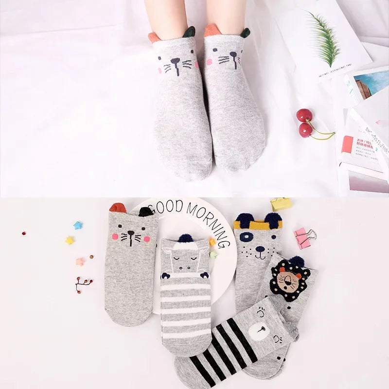 5 Pairs Lot Pack Women Socks Spring Summer Animal Unicorn Cat Fox Ear Cartoon Happy Funny Cute Lovely Cotton Ankle Socks Heart