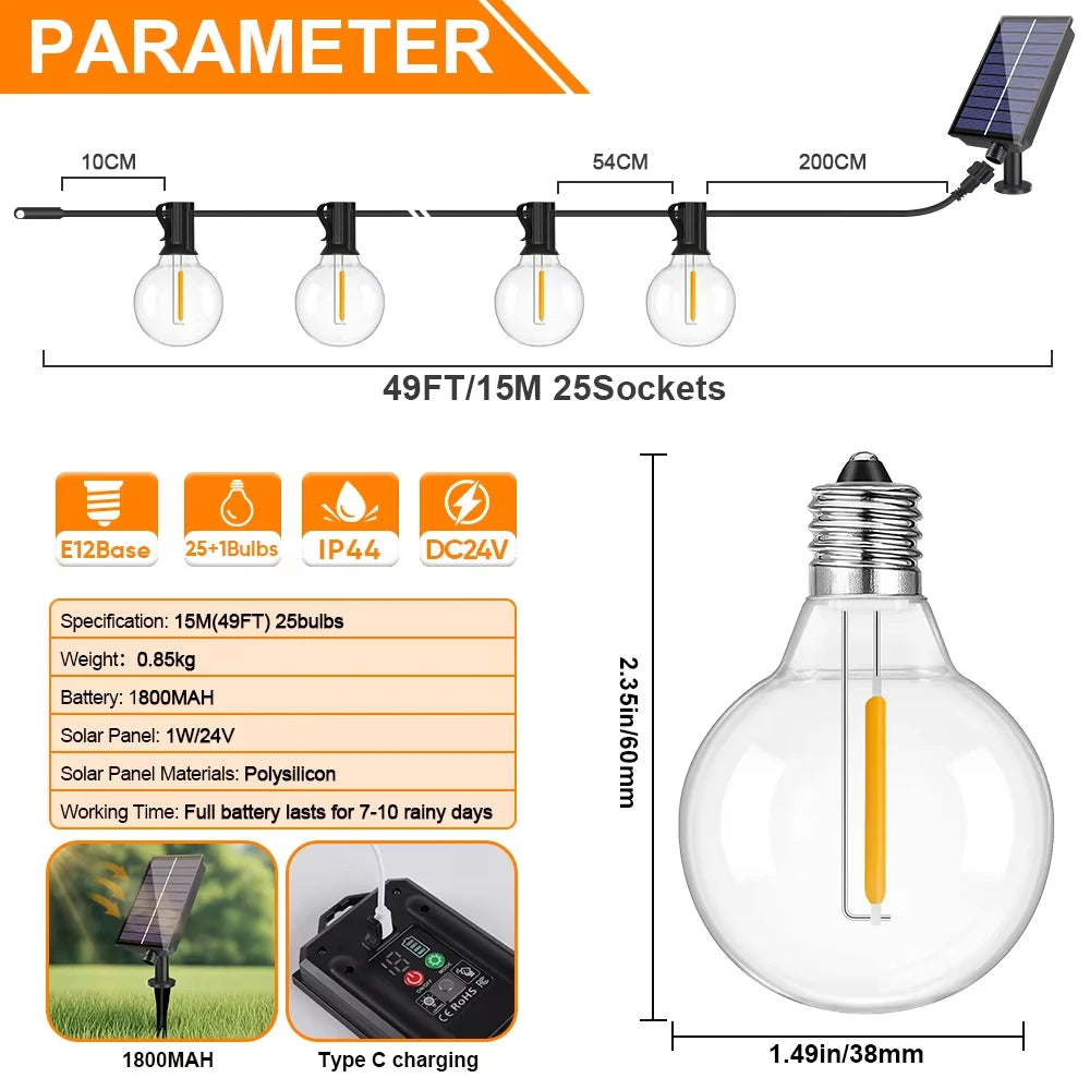 G40 Outdoor Solar String Light Garland LED Solar String Lights 24V Globe Waterproof Hanging Lights for Garden Backyard Cafe
