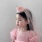 1PC Princess Crown Veil Headbands,Sparkly Tulle Hair Accessories,Pink White Sequin Party Headwear,Cute Girl's Dress Up Headbands