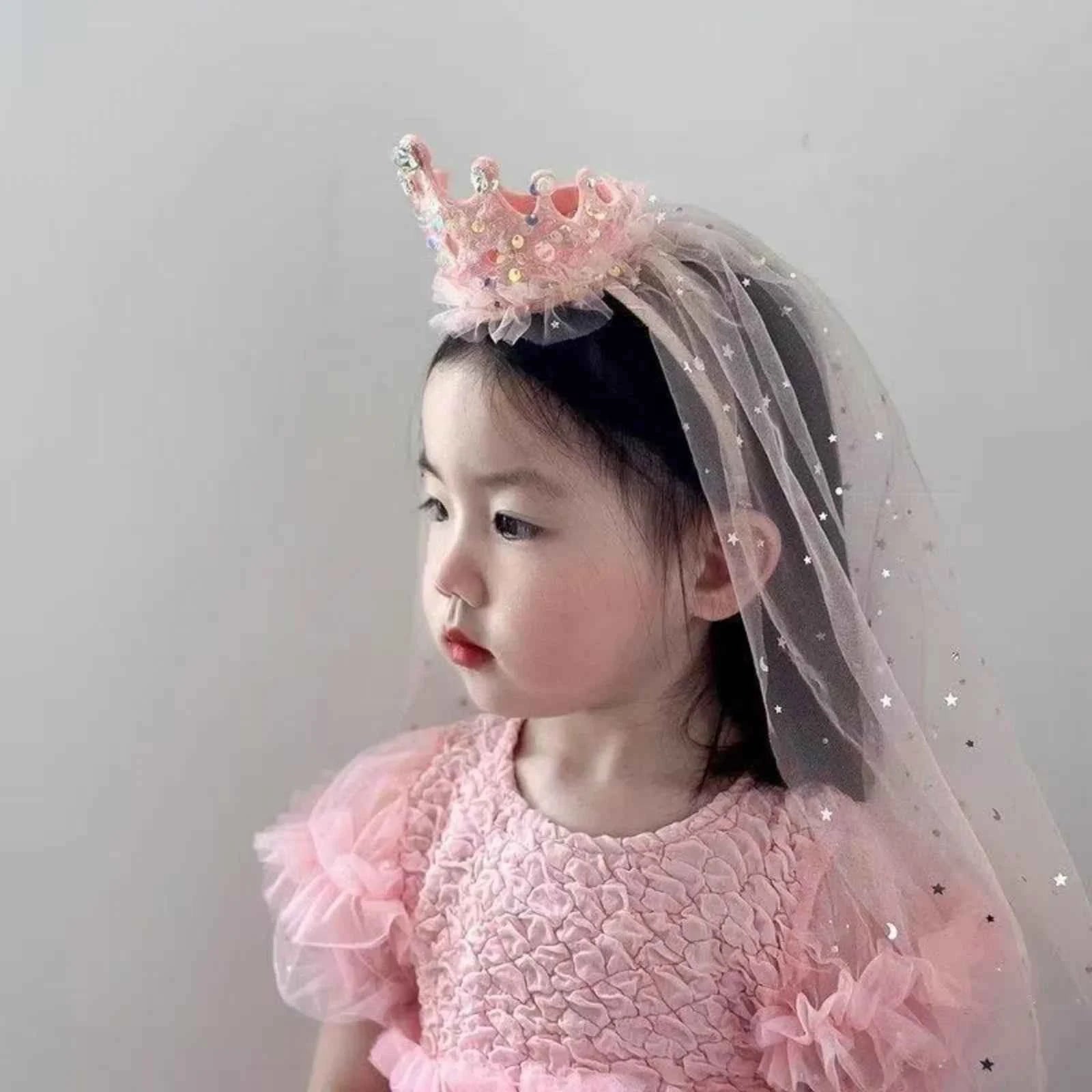 1PC Princess Crown Veil Headbands,Sparkly Tulle Hair Accessories,Pink White Sequin Party Headwear,Cute Girl's Dress Up Headbands