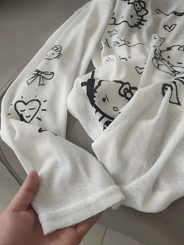 Hello Kitty Women's Round Neck UV Protection Cover Up Long Sleeve T-Shirt Summer Kawaii Loose Fit Casual Oversized Top