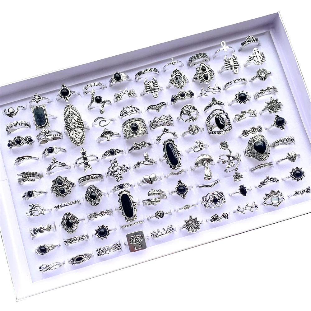 20Pcs Vintage Bohemia Black Rings Set For Women Men Mix Style Heart Love Flower Design Finger Jewelry Party Gifts