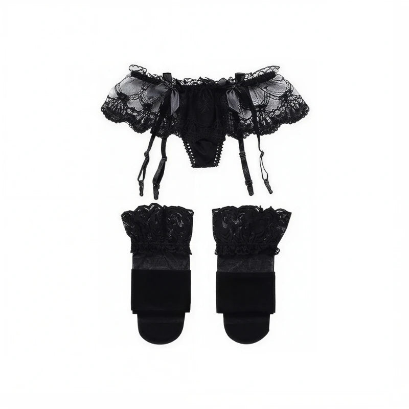 Women Lace Garter Belt And Stockings Set Jacquard Suspenders Panty Satin Bow Mini Skirt Hosiery Mesh Lingerie Pantyhose Womens