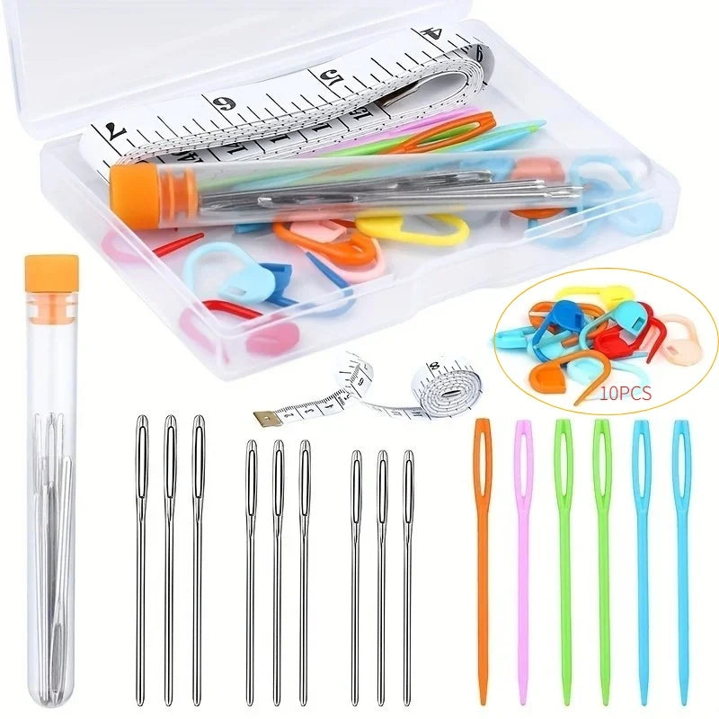 26Pcs Sewing Knitting Kits Large Eye Blunt Yarn Needles & Plastic Weaving Needles & Crochet Locking Counter Stitch Markers Tools