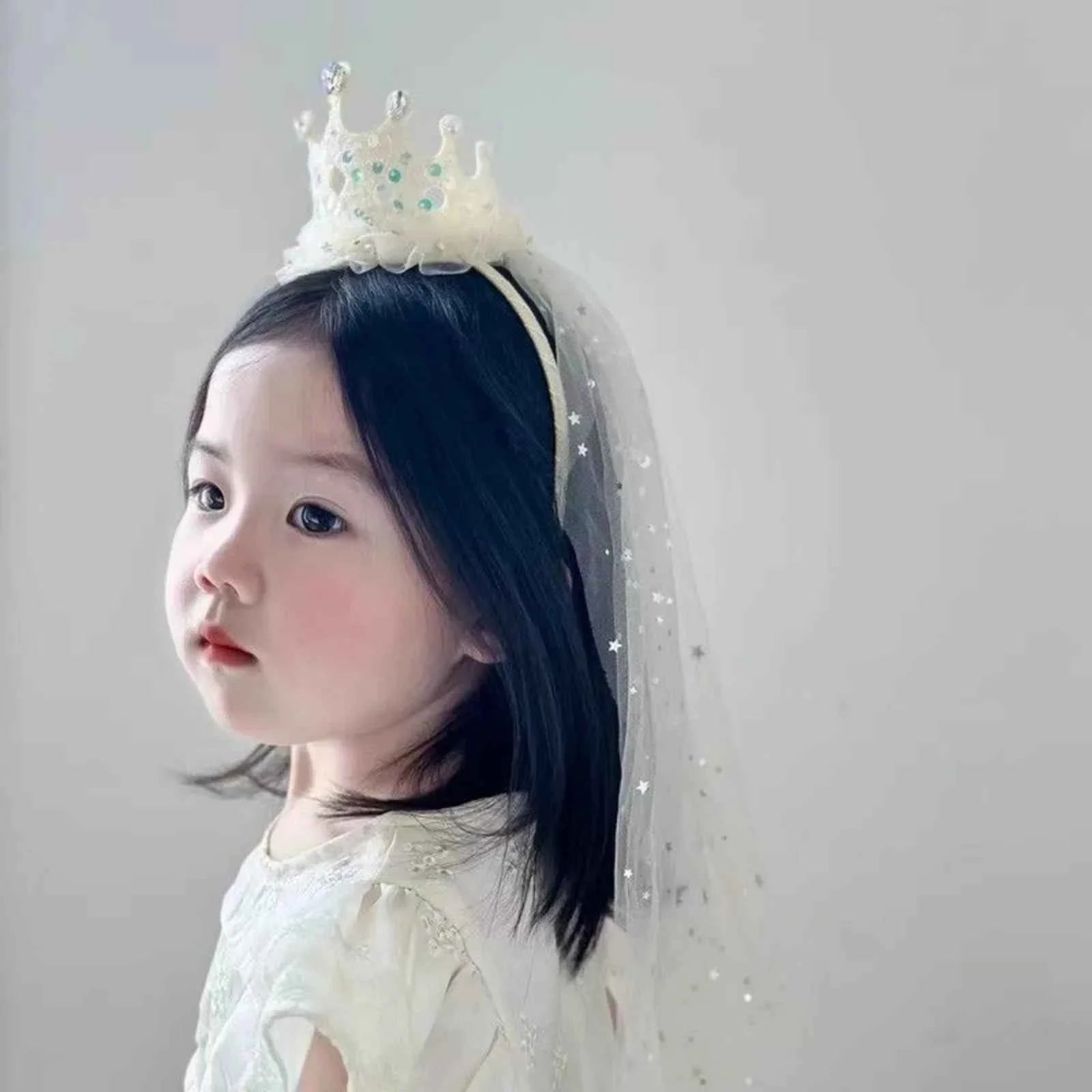 1PC Princess Crown Veil Headbands,Sparkly Tulle Hair Accessories,Pink White Sequin Party Headwear,Cute Girl's Dress Up Headbands