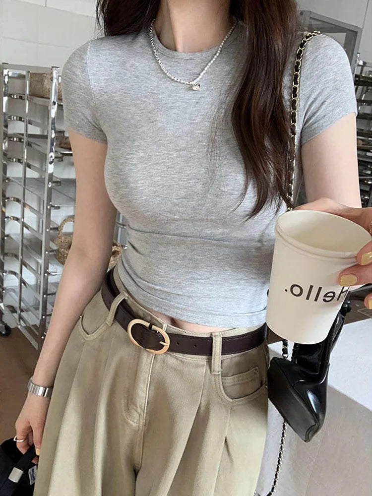 Basic Solid Crop Top Short Sleeve Crewneck Skinny T-shirt Summer Casual Tee for Women Y2K Vintage Top Harajuku Streetwear