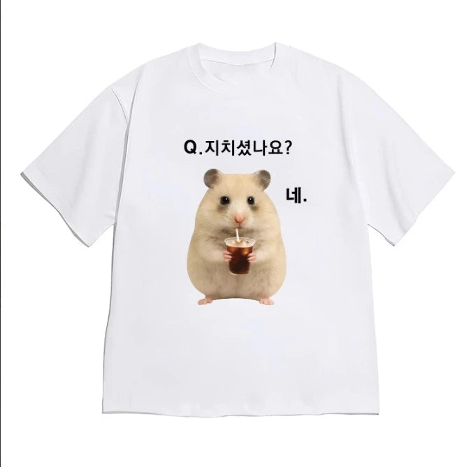 Korean Style Funny Short Sleeve Cute Hamster Meme T-shirt for Women Men "Are You Tired?" Graphic Crew Neck Tee Versatile Top