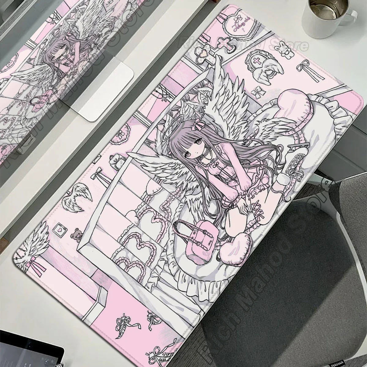 Anime Cute Angel Girls Mouse Pad Laptop Gaming Extended Desk Mat PC Kawaii Gamer Cabinet Mousepad XXL Keyboard Rug Pink Carpet