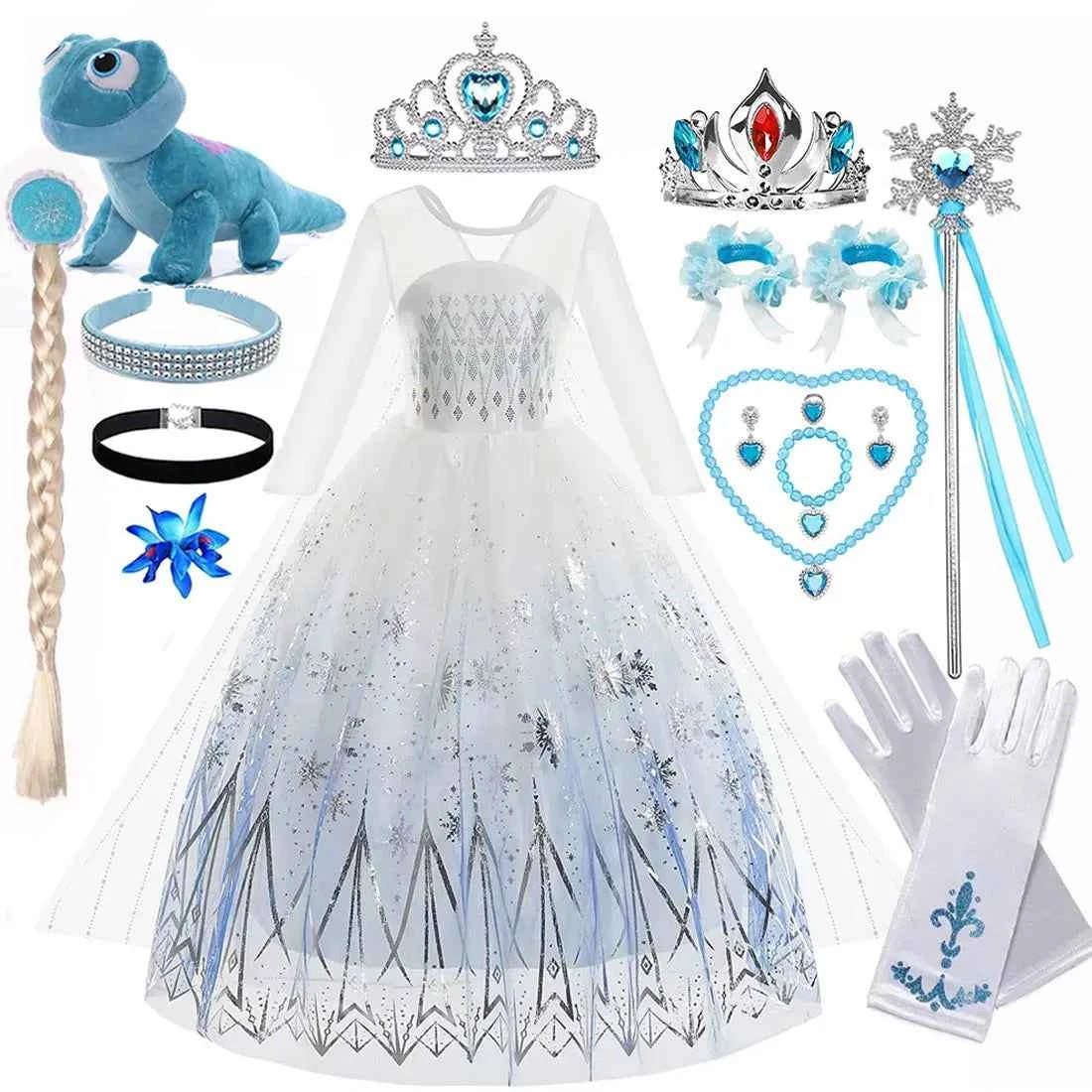 Disney Elsa Princess Dress For Girl White Printed Long-Sleeved Lace Dress Festive Party Gift Set Frozen Dress Fire Spirit Olaf