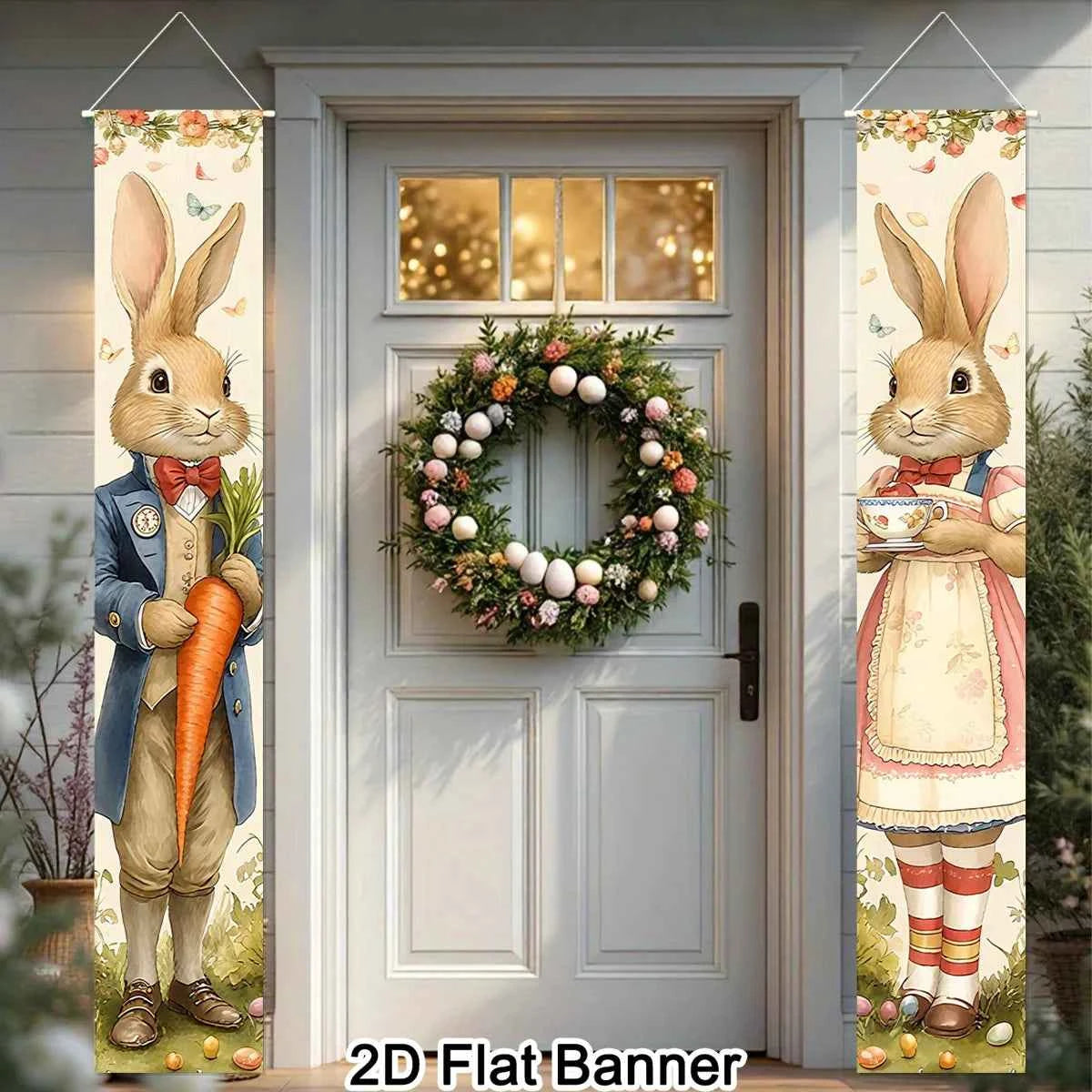 2pcs Happy Easter Bunny Door Banners Polyester Easter Egg Holiday Flags for Outdoor Indoor Spring Holiday Easter Decoration 2026