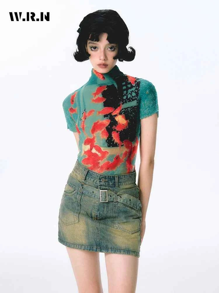 Women Bodycon T-Shirts Short Sleeve Tie Dye Tees Stretch Crop Tops Goblin Core 2000s Coquette Gyaru Aesthetic Kpop Kawaii Summe