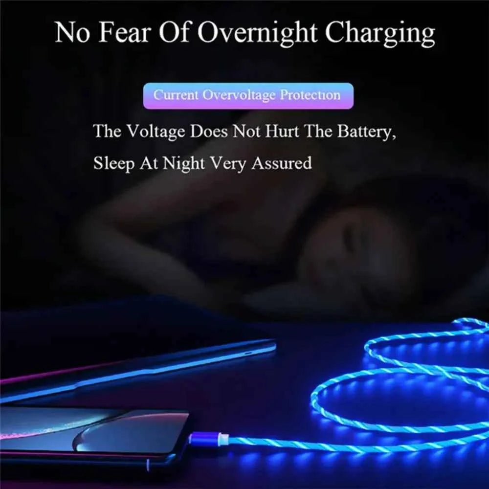 Glowing LED 3 IN 1 Cable For Samsung Xiaomi iPhone Flowing Streamer Light Fast Charger USB C Cord Luminous Type C Cable