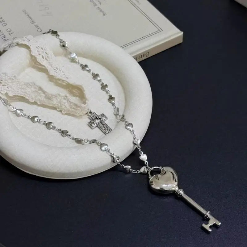 Y2K White Lace Cross Strap Key Choker Necklace for Women Sweet Cool Heart Chain Double Layer Necklace Fashion Party Jewelry Gift