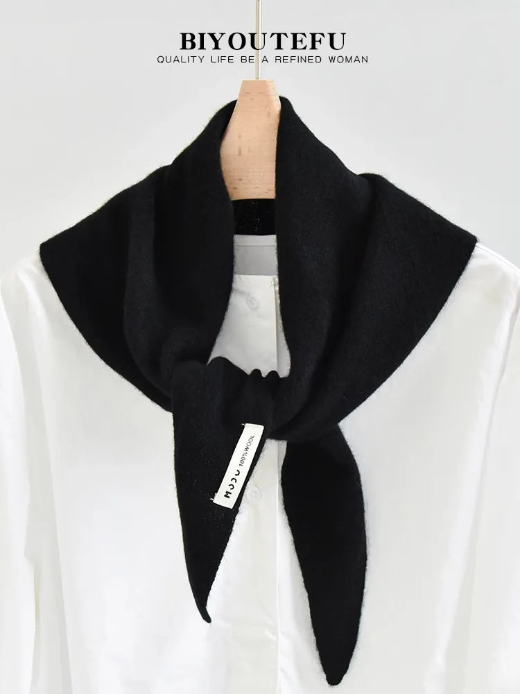 100% Australian Wool Knitted Triangle Scarf Shawl Women's Autumn  Winter Warm Neck Protection Scarf Decorative  Small Scarf