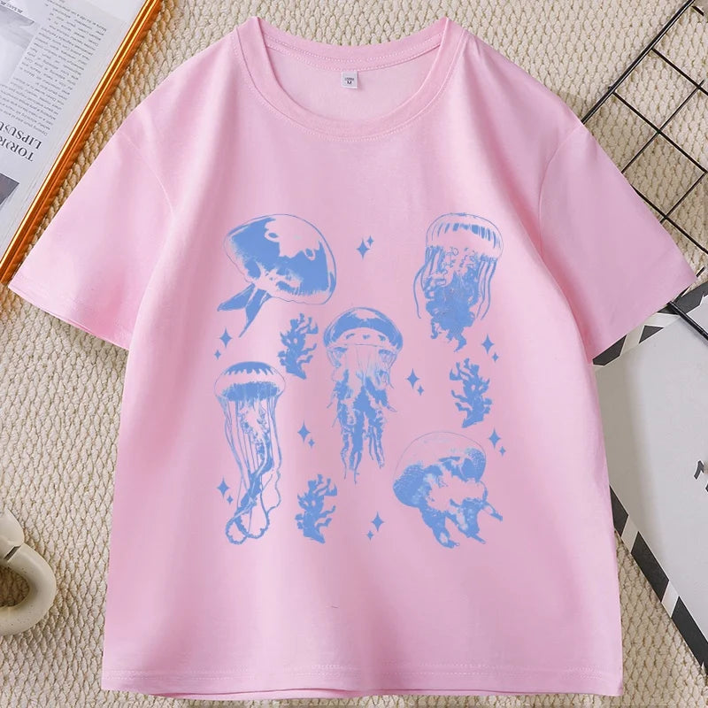 Vintage Jellyfish T-Shirt Summer Ocean Tee Sea Creature Top Beach Lover Gift Men Women Casual Round Neck Printed T Shirt