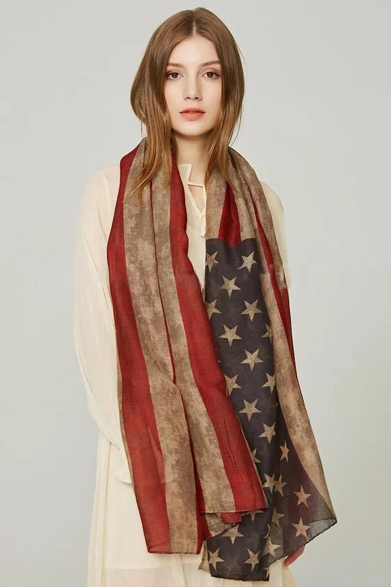 Popular Shawl American Flag Oblong Scarfs Patriotic Stars Pattern Headscarf Muffler Voile Soft Wrap Geometric Stripes Scarf