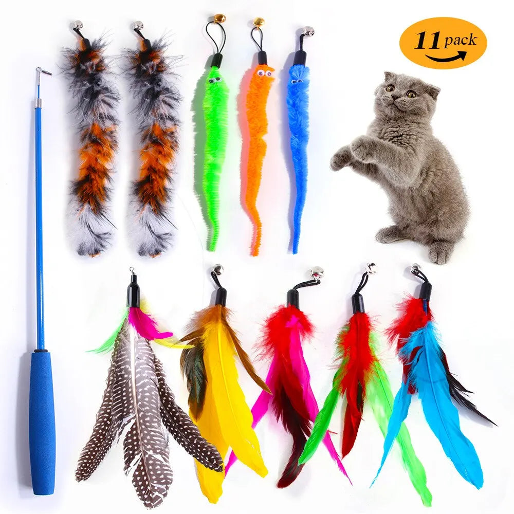 11PCS Cat Feather Toy Set – Replacement Feather Heads & Retractable Cat Wand Interactive Teaser Toys