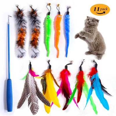 11PCS Cat Feather Toy Set – Replacement Feather Heads & Retractable Cat Wand Interactive Teaser Toys
