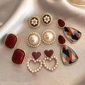 Five pairs of retro Hong Kong style Wine Red  Stud Earrings Femal temperament high-end love pearl earrings Geometric jewelry set