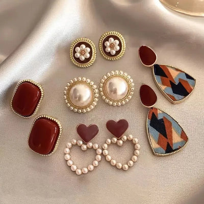 Five pairs of retro Hong Kong style Wine Red  Stud Earrings Femal temperament high-end love pearl earrings Geometric jewelry set