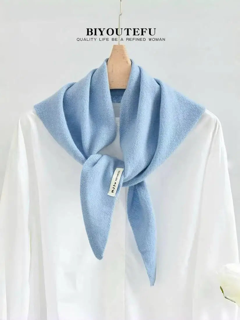 100% Australian Wool Knitted Triangle Scarf Shawl Women's Autumn  Winter Warm Neck Protection Scarf Decorative  Small Scarf
